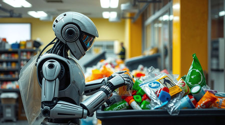 Waste sorting robot. Garbage picker, household trash sort automation. Urban Smart technologies concept for eco environmentの素材