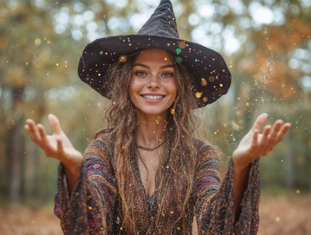Smiling woman, wearing black witch hat, spreading magical golden dust with hands, against blurred autumn backgroundの素材