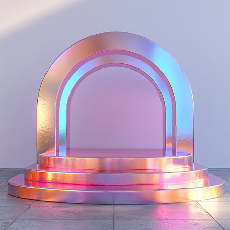 Foundation with steps and arch, made of glossy iridescent material, template for product placement and displayの素材