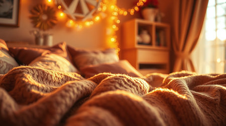 cozy interior with close up of home textile and warm golden garland lights on blurred backgroundの素材