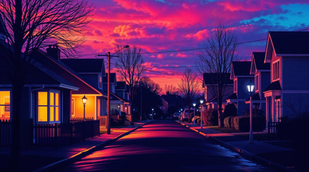 illustration of suburban neighborhood at twilight, with glowing light in windows, street lanterns and cloudy pink skyの素材