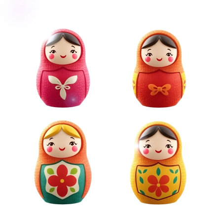 Set of cute Matryoshka dolls. Collection of traditional slavic craft figurines isolated on whiteの素材