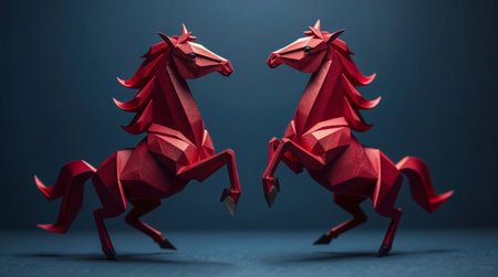 Two red horses rearing up, facing each other. Decorative composition crafted from paperの素材