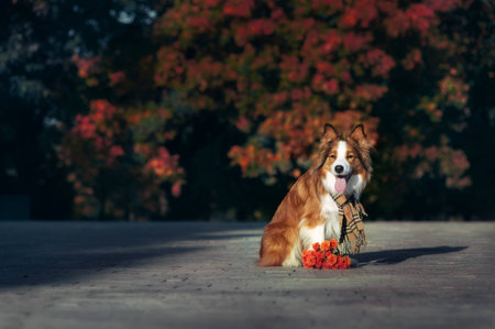 Red Border Collie dog with bouquet of flowers in the autumnの写真素材
