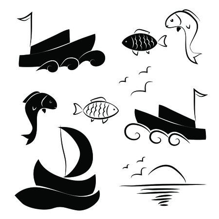 Silhouette of boats and fishのイラスト素材