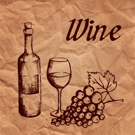 Sketch of wine on the old crumpled paperのイラスト素材