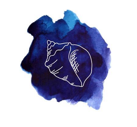 Sea shell on the blue watercolor stainのイラスト素材