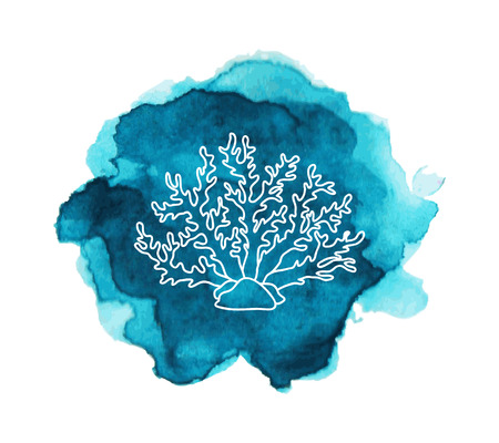 Underwater ocean and aquarium coral icon. Coral on the blue watercolor stainのイラスト素材