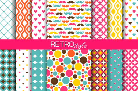 Set of colorful geometric seamless retro vector patterns. Endless texture can be used for wallpaper, pattern fills, web page background,surface textures, cover, wrappingのイラスト素材