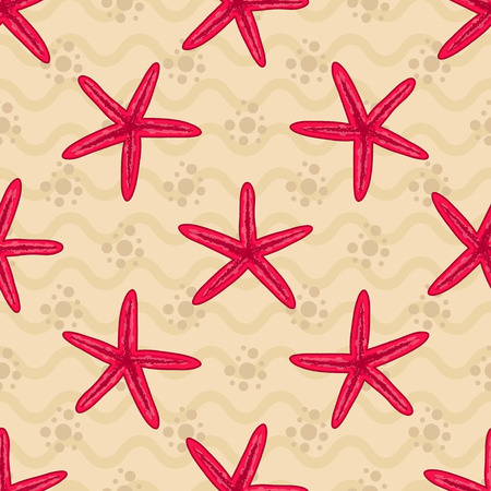 Seamless patterns with starfishs. Light background with waves. Vector illustration can be used for fills, prints, web, surface, textile, wrapping paperのイラスト素材