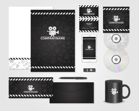 Black corporate identity template for producer. Cards for movie, film maker, producer. Vector company style for brandbook and guidelineのイラスト素材