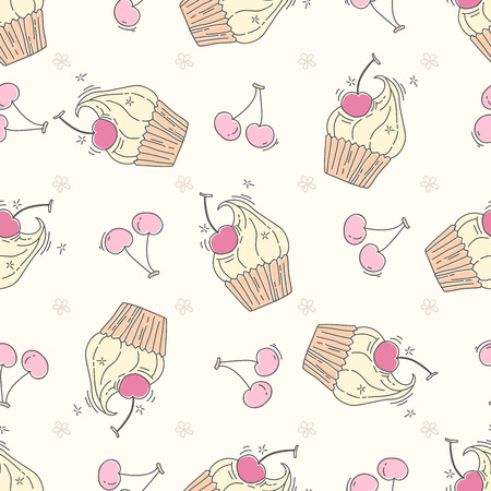Seamless pattern with cupcakes and berries in doodle styleのイラスト素材