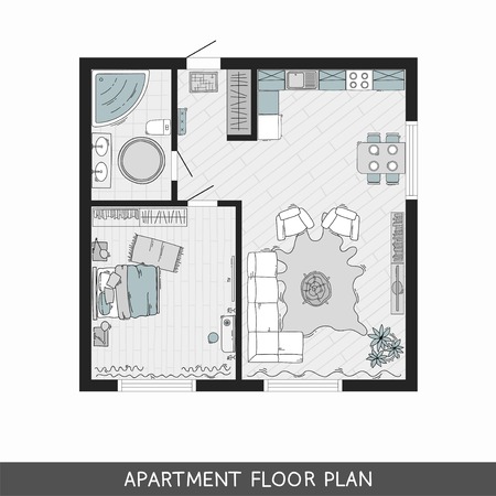 One bedroom apartment with hand-drawn furniture in top view. Vector illustrationのイラスト素材