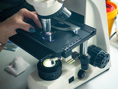 Laboratory examination on a microscope in a medical center in a clinic