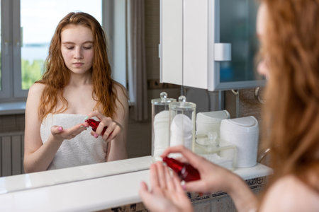 Red-haired girl applies cream to her face looking at herself in the bathroom mirrorの写真素材