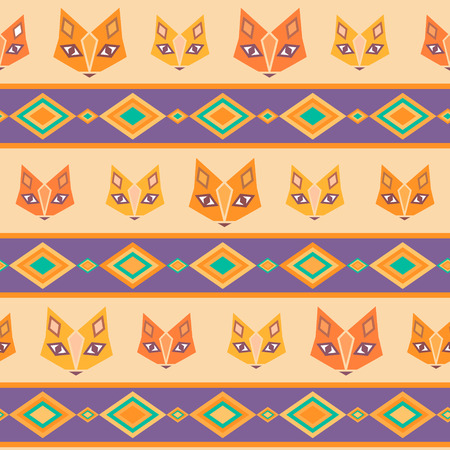 Ethnic seamless pattern with cute geometric orange and yellow foxes and dark violet stripes with colorful rhombusesのイラスト素材