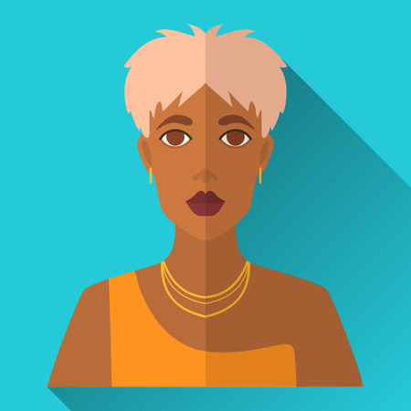 Blue flat style square shaped female character icon with shadow. Illustration of fashionable african american woman with short blonde stylish haircut wearing yellow dress and golden jewellery.のイラスト素材