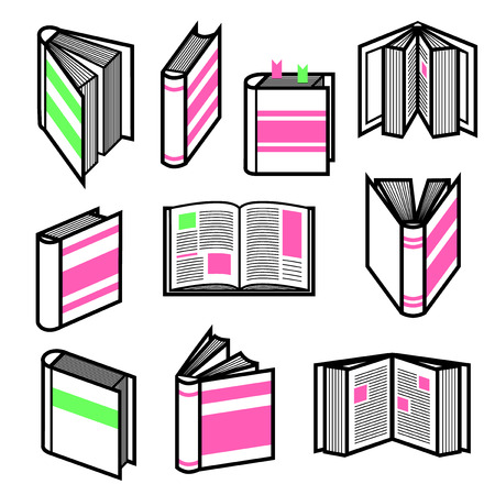 Big set of stylish black outline books in different postures with colorful pink and green elementsのイラスト素材