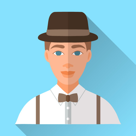 Blue trendy flat square wedding day fiance icon with shadow. Illustration of handsome future husband wearing stylish brown hat, white shirt, braces and brown bow tie. Hipster wedding male character.のイラスト素材