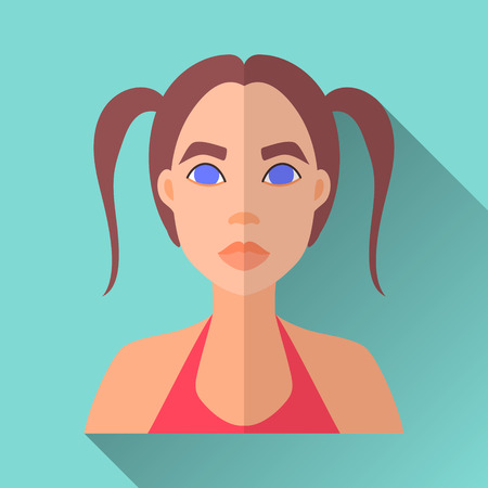 Blue flat style square shaped female character icon with shadow. Illustration of sporty looking young teenage girl with two brown ponytails wearing a red sleeveless sports shirt.のイラスト素材