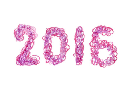 2016 new year date hand written lettering with fluffy scrawl effect created with violet and pink...