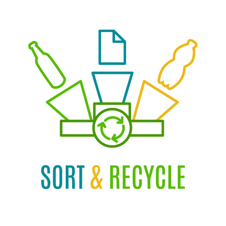 Sort and recycle, colored line logotype. Idea of recycling paper, plastic and glass waste. Ecology protection logo. Recycling logo with yellow, green and blue trash cans. Environment protection posterのイラスト素材