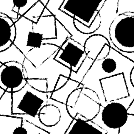 Artistic black and white monochrome seamless pattern with simple geometric shapes. Overlaying circle and square geometric figures with black filling and grunge stroke composition on white backgroundのイラスト素材