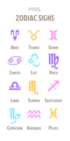 Set of 12 pixel art astrological sign icons isolated on white backgroundのイラスト素材