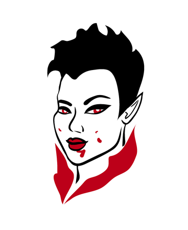 3-color vector illustration of seductive asian vampire demon girl with red eyes, stylish short haircut and blood splashes on her face isolated on white background, graphic element for halloween designのイラスト素材