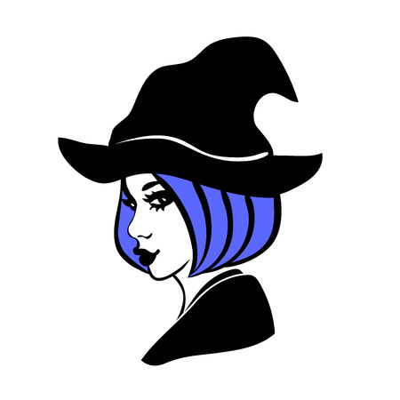 3-color vector illustration of young & attractive witch with full lips, blue hair and bob haircut wearing hat isolated on white background. Girl in hag's costume, graphic element for halloween designのイラスト素材