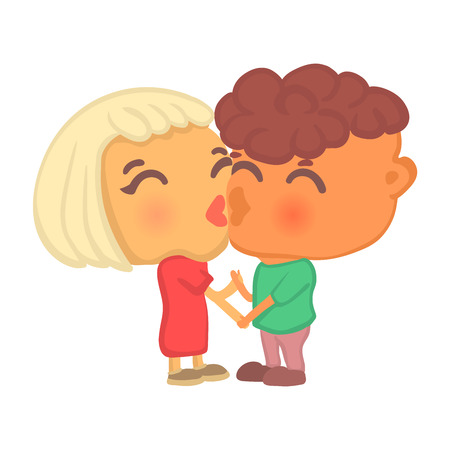 Cute cartoon style hipster couple in love on a date standing cheek to cheek holding hands and kissing. Boy and girl together, two big head characters in romantic pose isolated on white background.のイラスト素材