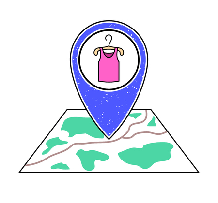 Textured blue geotag pointing at a map, pink girl tank top on a hanger.Women's fashion sale business symbol on a city plan.のイラスト素材
