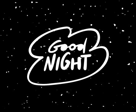 Good night, lettering in a shape of cloud on a dark night starry sky background. Stylish black and white textured poster for bedroom.のイラスト素材