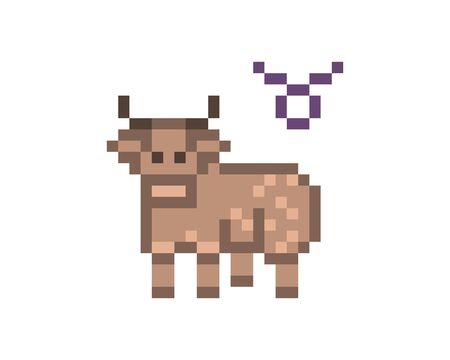 Taurus Zodiac sign icon, 8 bit pixel art brown bull isolated on white background. Astrological symbol. Esoteric science logo. Horoscope emblem.のイラスト素材