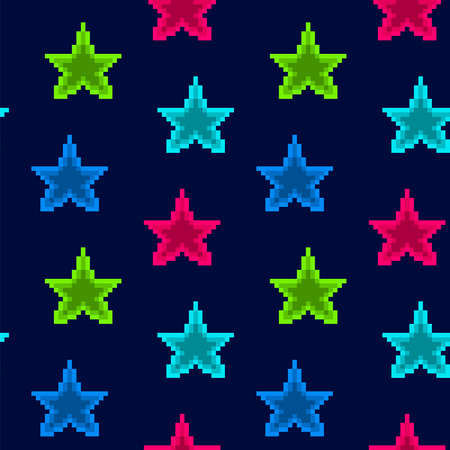 Dark blue seamless pattern with bright shining blue, pink and green neon pixel art stars. 8 bit glowing night sky background. Fluorescent Christmas decoration wallpaper.のイラスト素材