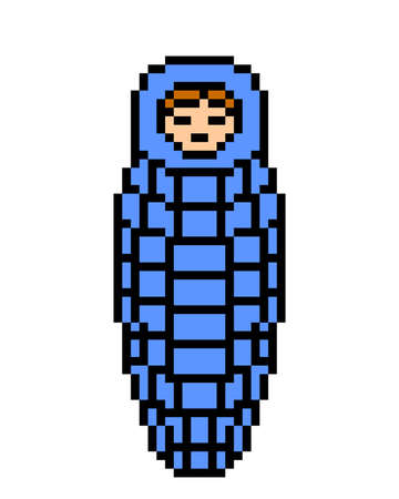 Person in a blue sleeping bag taking a rest, pixel art icon isolated on white background. Camping symbol.  Homeless sleeping. 8 bit old school vintage retro slot machine/video game graphics.のイラスト素材