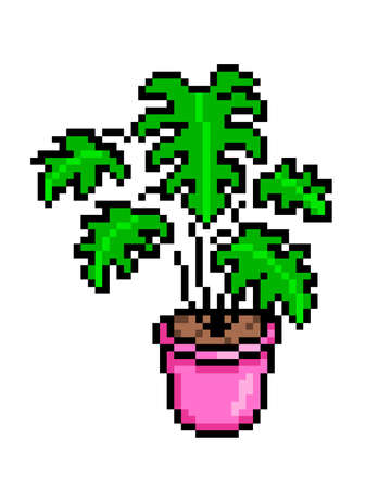 Monstera in a pink pot, pixel art icon isolated on white background. 8 bit decorative exotic houseplant. Home/office interior design element. Old school vintage retro slot machine/video game graphics.のイラスト素材