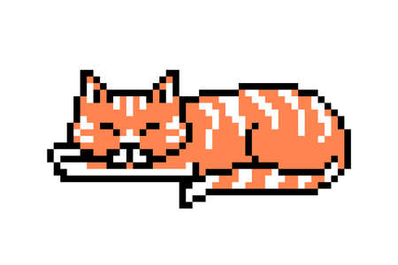 Pixel art sleeping striped ginger cat isolated on white background. Pet animal icon. Cute 8 bit logo. Retro vintage 80s; 90s slot machine/video game graphics.のイラスト素材