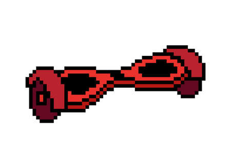 Red self-balancing scooter, pixel art icon. 8 bit hoverboard symbol. Gyroscooter logo. Eco city...