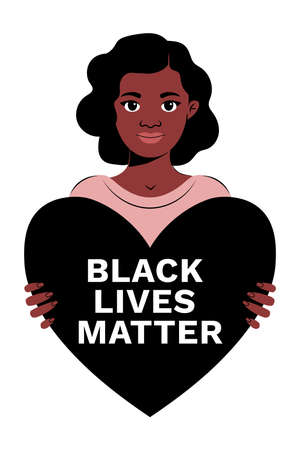 Portrait of young african-american woman of color holding black heart-shaped banner with Black Lives Matter slogan. BLM movement girl character. Anti-racism protest action. Equality political action.のイラスト素材