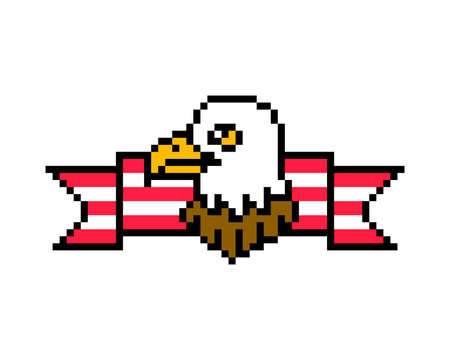 4th of July illustration, pixel art american eagle on striped ribbon background. 8 bit Independence day banner. USA holiday greeting card. Old school vintage retro slot machine/video game graphics.のイラスト素材