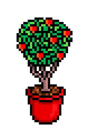 Pomegranate bonsai in a red pot, pixel art icon isolated on white background. 8 bit decorative houseplant symbol. Home/office interior element.Old school vintage retro slot machine/video game graphicsのイラスト素材