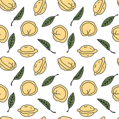 Seamless pattern with dumplings and dried bay leaves on white background. Pelmeni/pierogi wallpaper. Traditional russian cuisine dish.のイラスト素材