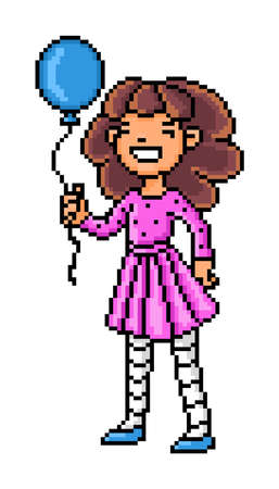 Happy smiling girl in a pink dress holding a blue balloon, pixel art cartoon character isolated on white background. Curly hair woman with a gift on a birthday party. 8 bit video game graphics.のイラスト素材