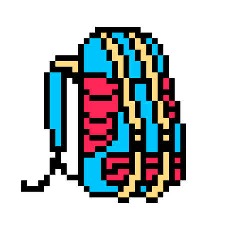 Blue and red trekking rucksack, pixel art icon isolated on white background.  Hiking rucksack. Travelling equipment symbol. 8 bit old school vintage retro slot machine/video game graphics.のイラスト素材