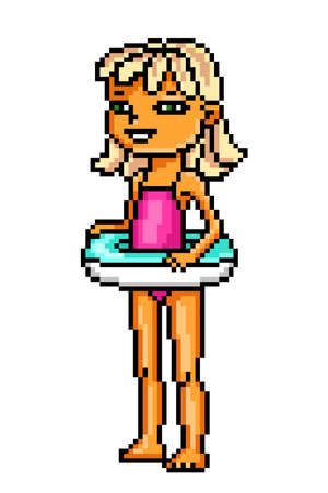 Happy smiling tanned blonde girl in pink swimsuit standing with blue inflatable swim ring, old school 8 bit pixel art character isolated on white. Beach toy. Summer holiday activity. Swimming pool funのイラスト素材