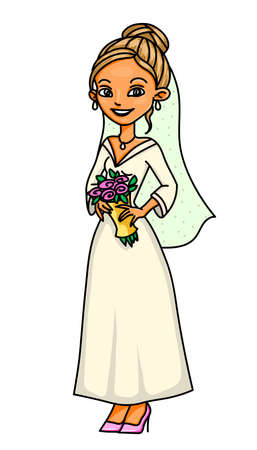 Happy smiling bride on a wedding day, female cartoon character isolated on white background. Fiancee in a long white dress and transparent veil with a bouquet of pink roses.Young woman getting marriedのイラスト素材