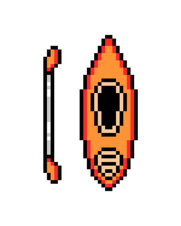 Orange kayak and a paddle, pixel art icon isolated on white background.  Water sport pictogram. Travelling equipment symbol. 8 bit old school vintage retro slot machine/video game graphics.のイラスト素材