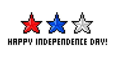 Happy Independence day illustration, pixel art blue, red, white stars isolated. 8 bit 4th of July...