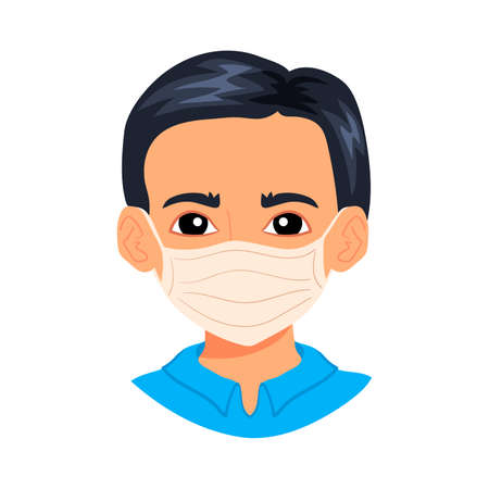 Portrait of young asian man wearing sterile disposable medical face mask for coronavirus protection. Covid-19 pandemy male character avatar, cartoon style boy isolated on white background.のイラスト素材